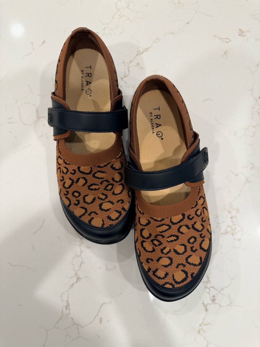 Traq by Alegria Brown & Black Leopard Knit Mary Janes